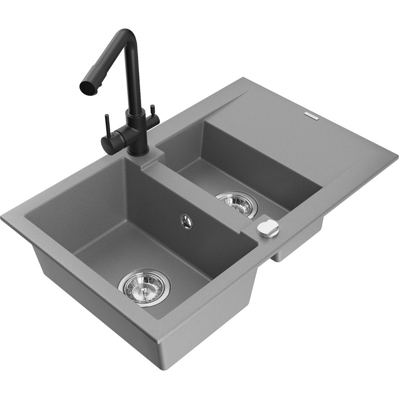 Zlewozmywak granitowy 1.5-komorowy Mexen Gaspar z ociekaczem i baterią kuchenną Duero szary 6507-71-671600-70