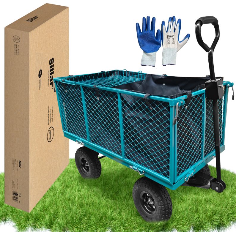 Wózek ogrodowy, Sillar, do 350 kg, kosz 200 L, z wodoodporną tkaniną, stalowy, składany, skrętna przednia oś, 112,5x53,5x98 cm