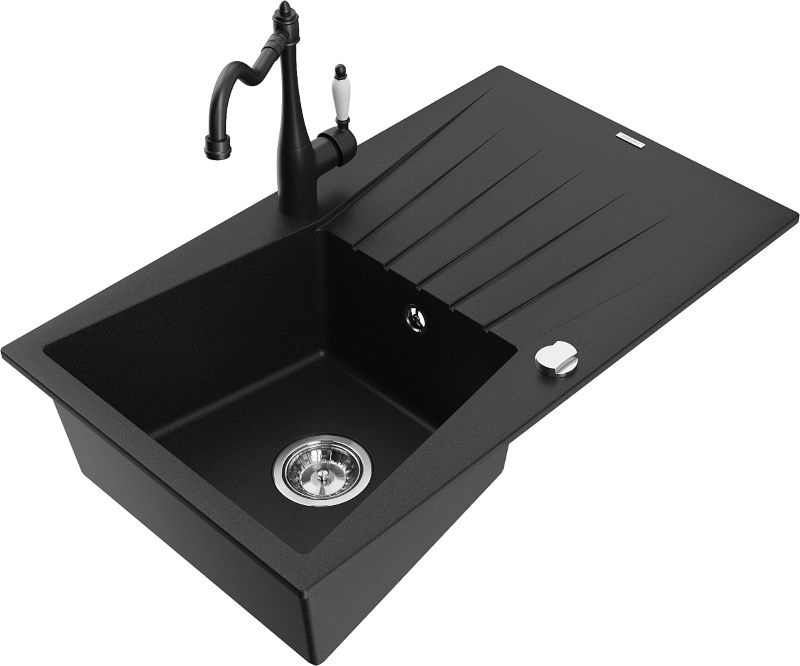 Zlewozmywak granitowy Mexen Cesar 1-komorowy z ociekaczem i baterią kuchenną Duero czarny - 6514-77-671600-00 1 szt.