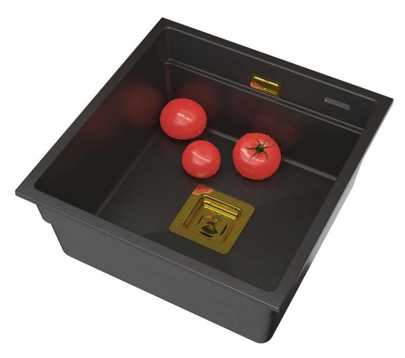 Zlewozmywak Granitowy Podwieszany Granitan Epir 44 Czarny Syfon Kwadratowy Złoty 1 kpt.