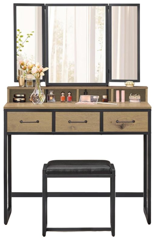 Toaletka kosmetyczna Matkam lustro pufa uchwyt na suszarkę dąb artisan-czarny 1 szt.