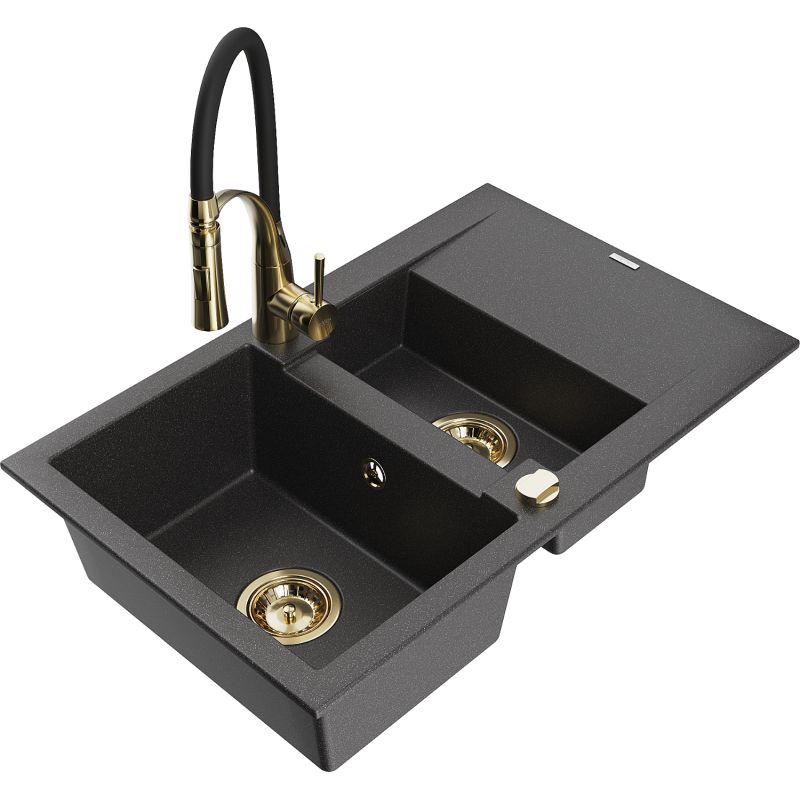 Zlewozmywak granitowy 1.5-komorowy Mexen Gaspar z ociekaczem i baterią Aster czarny nakrapiany - 6507-76-73450-57-B 1 szt.