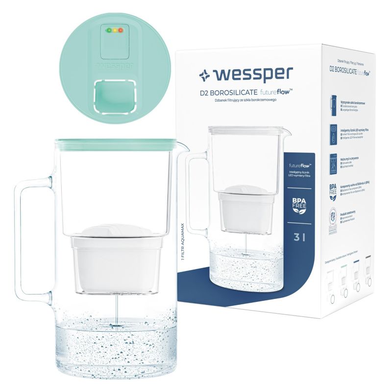 Dzbanek filtrujący do wody 3l, Wessper, ze wskaźnikiem LED, szklany, miętowy + 1x filtr wody Aquamax, 2szt