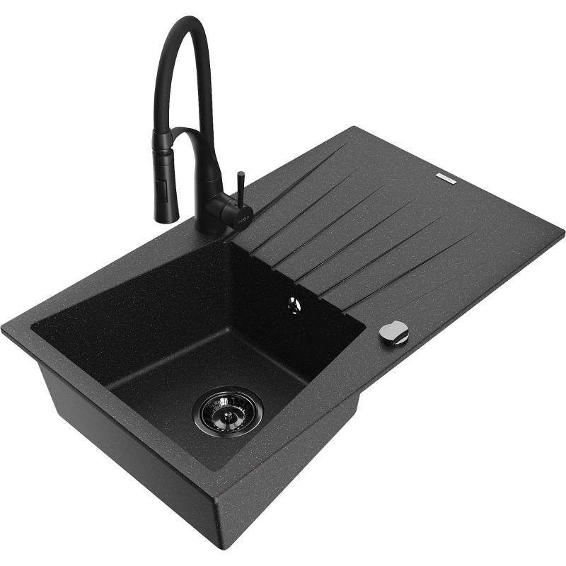 Zlewozmywak granitowy 1-komorowy Mexen Cesar z ociekaczem i baterią Aster czarny/złoty metalik - 6514-75-73450-70-B 1 szt.