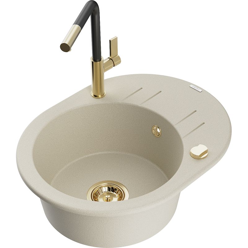 Zlewozmywak granitowy 1-komorowy Mexen Kevin z ociekaczem i baterią kuchenną Flora beżowy 6517-69-670401-57-G