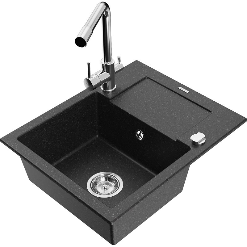 Zlewozmywak granitowy 1-komorowy Mexen Enzo z ociekaczem i baterią kuchenną Duero czarny/srebrny metalik 6506-73-671600-00