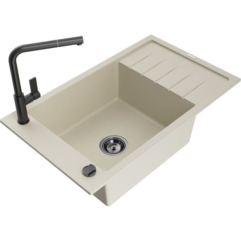 Zlewozmywak granitowy 1-komorowy Mexen Elias z ociekaczem i baterią kuchenną Flora beżowy - 6511-69-670401-07 1 szt.