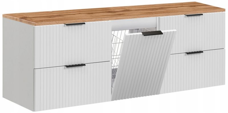 Szafka pod umywalkę Furnidea 160 cm ryflowana z koszem na pranie biała z blatem dąb Wotan Adel 1 szt.