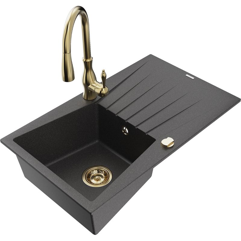 Zlewozmywak granitowy 1-komorowy Mexen Cesar z ociekaczem i baterią kuchenną Savita czarny nakrapiany 6514-76-672601-50