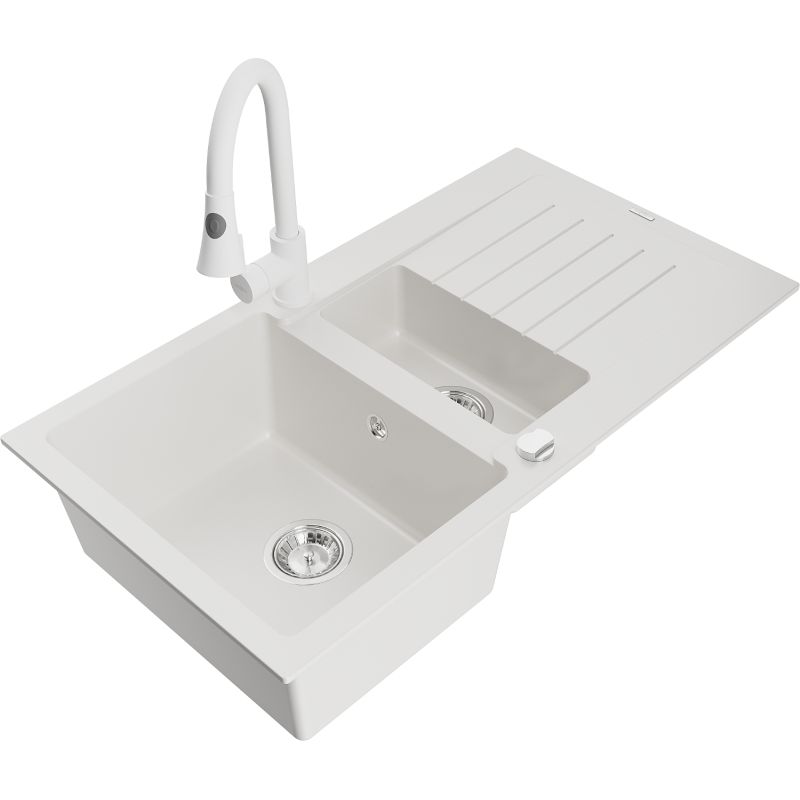 Zlewozmywak granitowy 1.5-komorowy Mexen Matias z ociekaczem i baterią kuchenną Elia biały 6502-20-670101-20