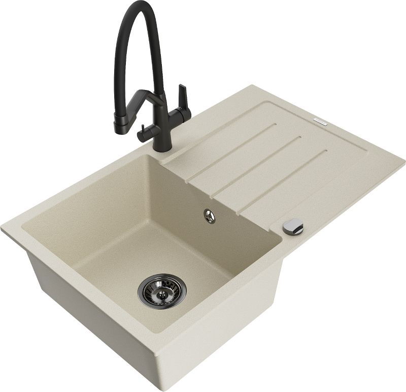Zlewozmywak granitowy Mexen Bruno 1-komorowy z ociekaczem i baterią kuchenną Duo beżowy - 6513-69-671701-07 1 szt.