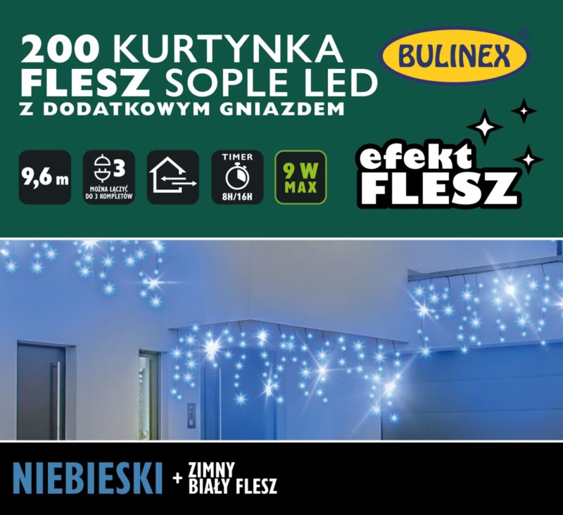 Kurtyna zewnętrzna Bulinex sople 200 LED 9,6 m niebieska + biały flesz