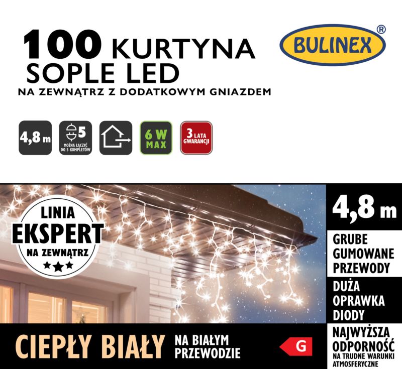 Kurtyna zewnętrzna 100 LED Bulinex sople 4,8 m z białym przewodem ciepła biała