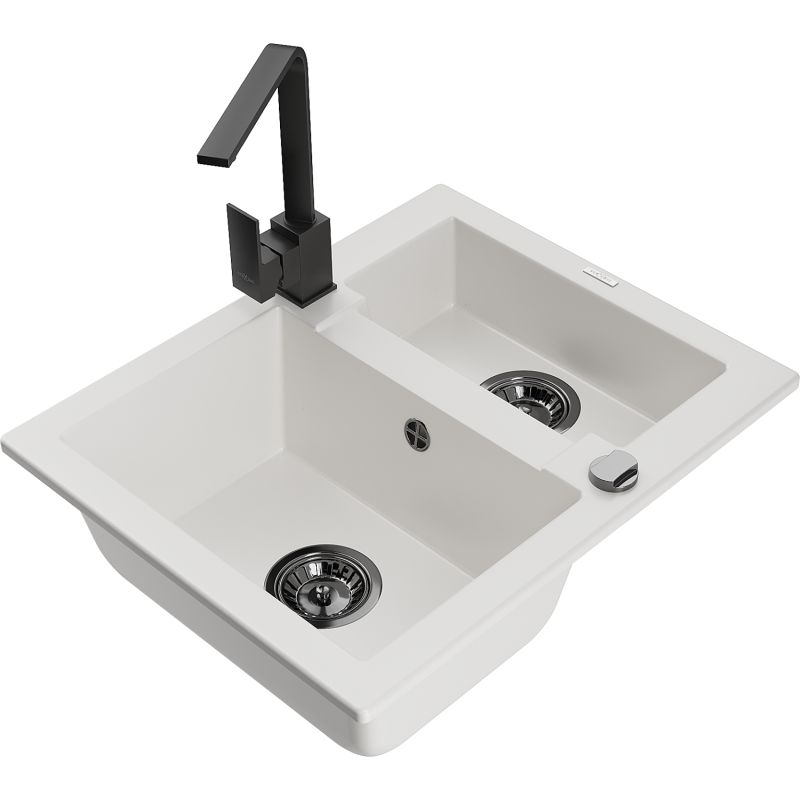 Zlewozmywak granitowy 1.5-komorowy Mexen Carlos z baterią kuchenną Rita biały - 6518-20-670300-50 1 szt.