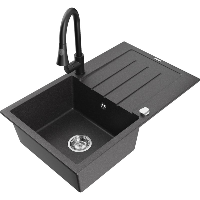 Zlewozmywak granitowy 1-komorowy Mexen Bruno z ociekaczem i baterią kuchenną Elia czarny nakrapiany 6513-76-670101-70