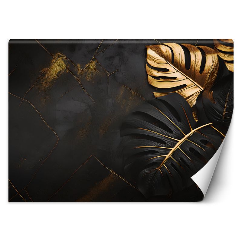 Fototapeta Feeby Liście Monstery Złote I Czarne Na Abstrakcyjnym Tle 450x315 1 szt