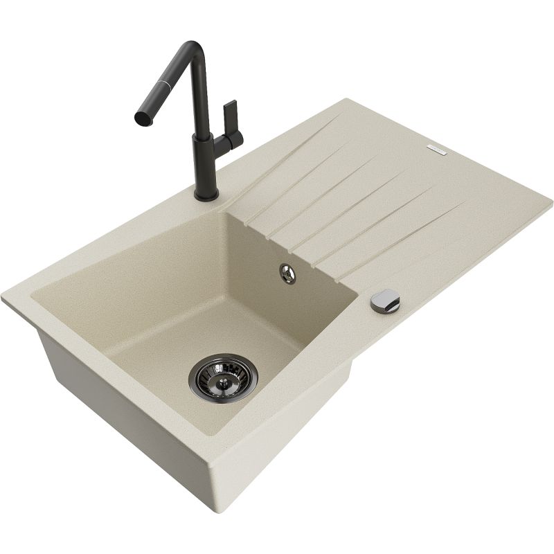 Zlewozmywak granitowy 1-komorowy Mexen Cesar z ociekaczem i baterią kuchenną Flora biały - 6514-20-670401-70-B 1 szt.