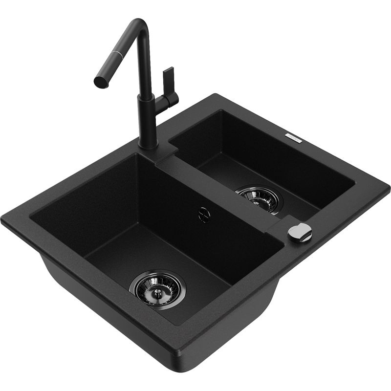 Zlewozmywak granitowy 1.5-komorowy Mexen Carlos z baterią kuchenną Flora czarny nakrapiany - 6518-76-670401-75-B 1 szt.