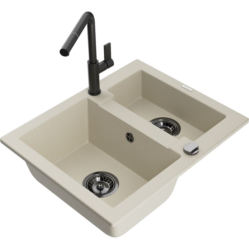 Zlewozmywak granitowy 1.5-komorowy Mexen Carlos z baterią kuchenną Flora biały - 6518-20-670401-70-B 1 szt.