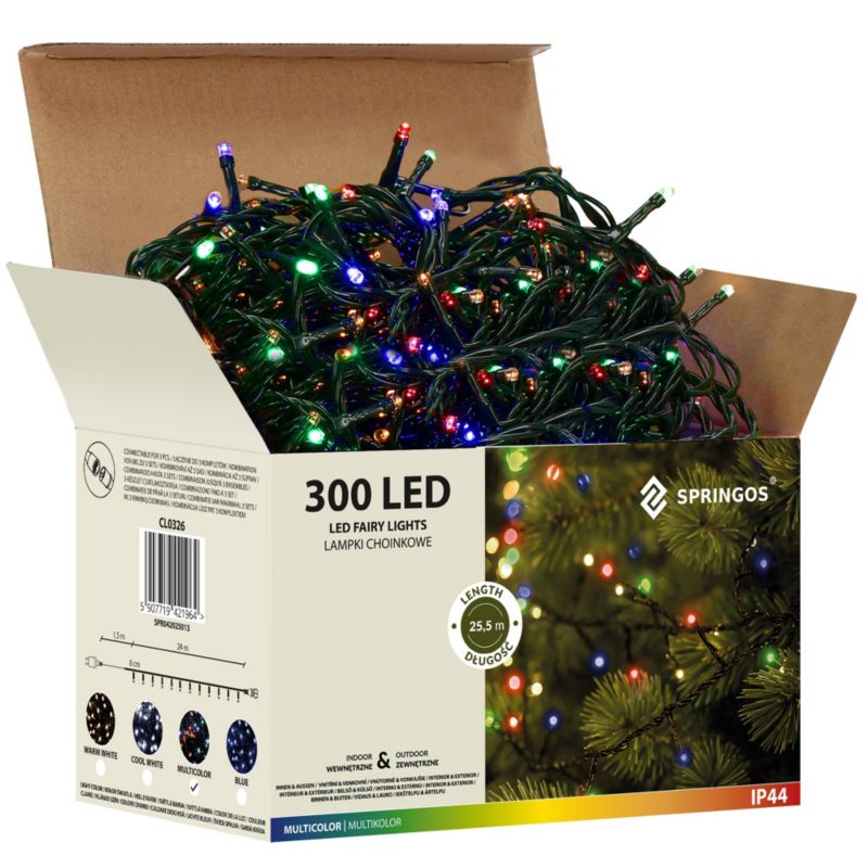Lampki choinkowe 25,5 m Springos 300 led IP44 multikolor 1 szt.