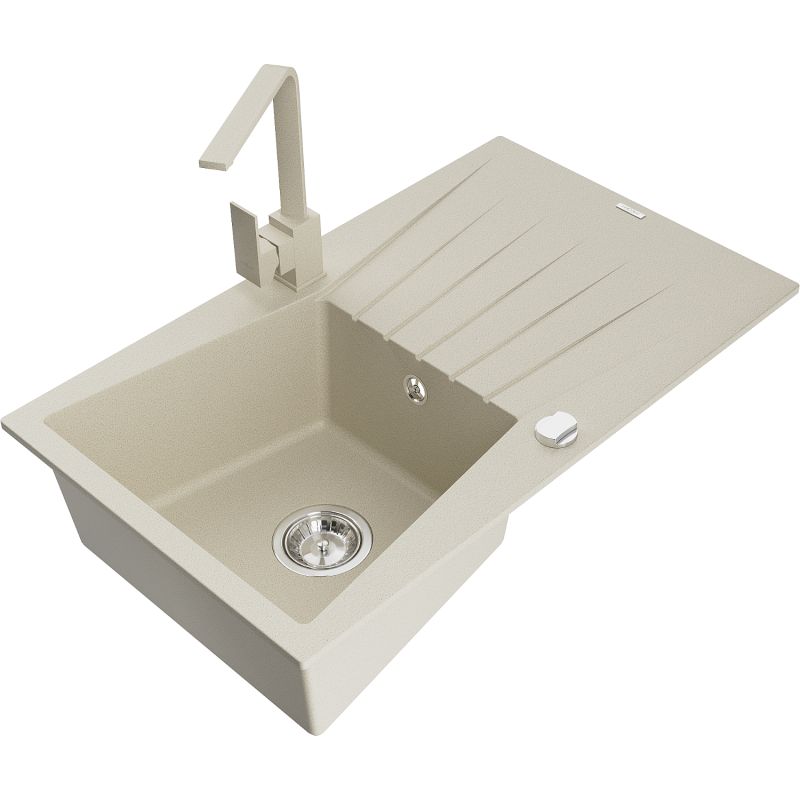 Zlewozmywak granitowy 1-komorowy Mexen Cesar z ociekaczem i baterią kuchenną Rita beżowy 6514-69-670300-69