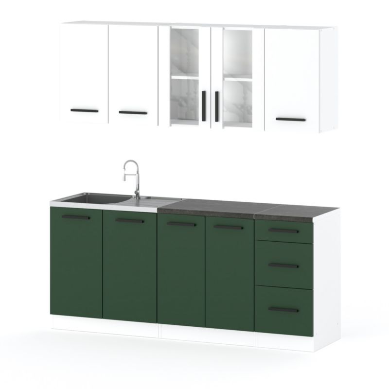 Zestaw Kuchenny Hurtownia-Mebli Z Blatem Kuchnia Rest 200cm Biały Mat Biały Mat/Butelkowa Zieleń 200x47x145 cm 1szt.