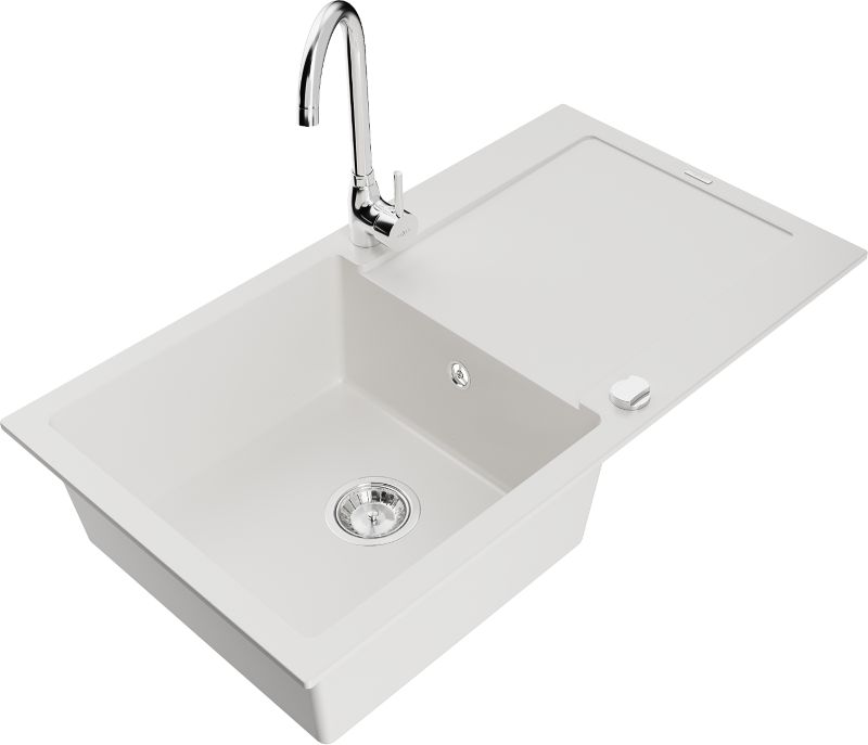 Zlewozmywak granitowy Mexen Leo 1-komorowy z ociekaczem i baterią kuchenną Telma biały - 6501-20-670200-50 1 szt.