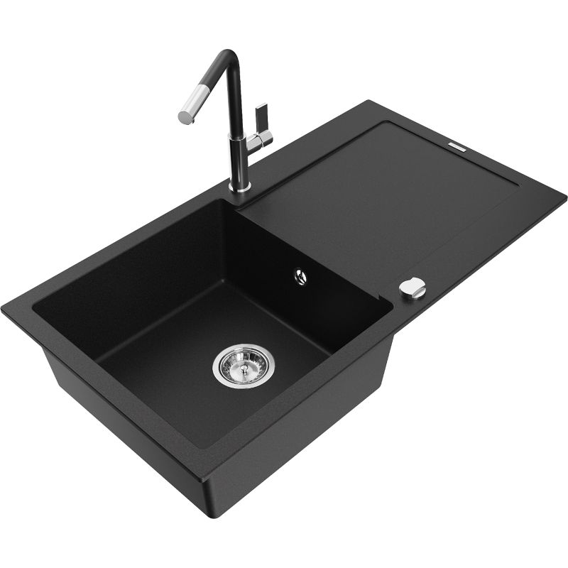 Zlewozmywak granitowy 1-komorowy Mexen Leo z ociekaczem i baterią kuchenną Flora czarny 6501-77-670401-07