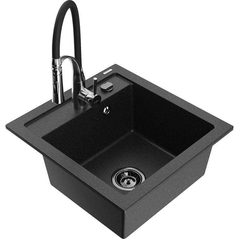 Zlewozmywak granitowy 1-komorowy Mexen Vito z baterią kuchenną Aster czarny/srebrny metalik 6503-73-73450-07-B