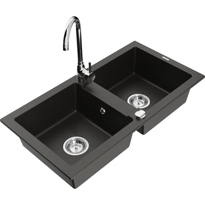 Zlewozmywak granitowy 2-komorowy Mexen Mario z baterią kuchenną Telma czarny/złoty 6504-75-670200-00