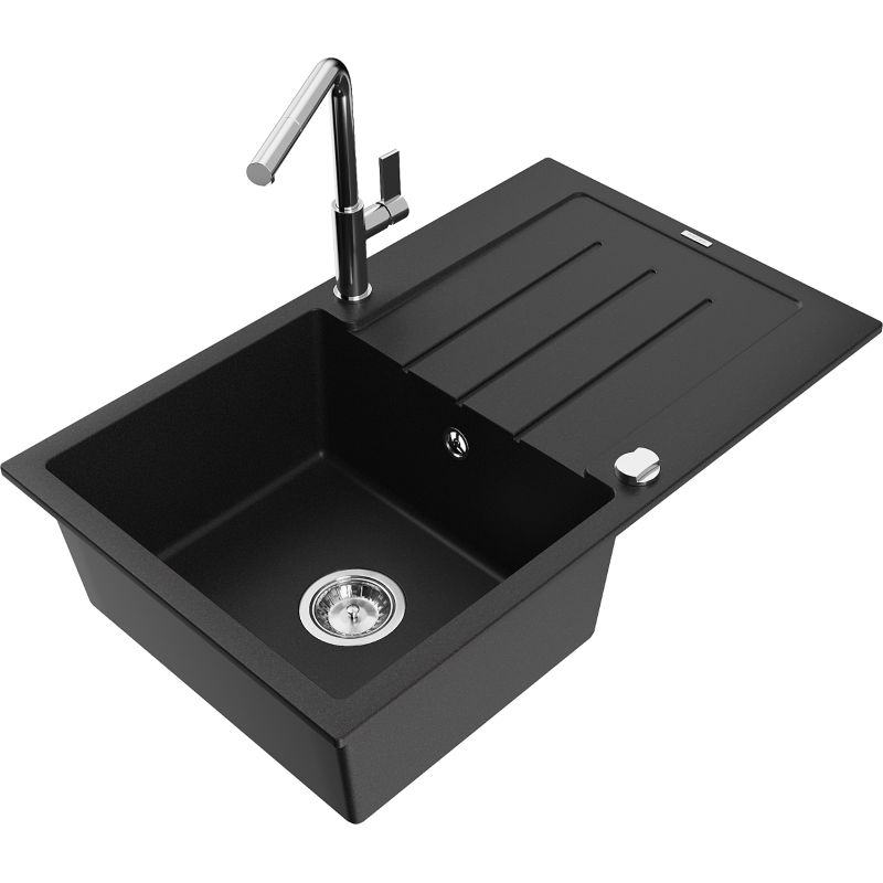 Zlewozmywak granitowy 1-komorowy Mexen Bruno z ociekaczem i baterią kuchenną Flora czarny 6513-77-670401-00