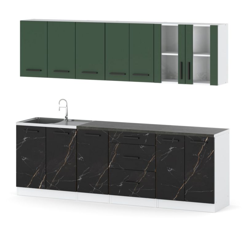 Zestaw Kuchenny Hurtownia-Mebli Z Blatem Kuchnia Remino 260cm Biały Mat Butelkowa Zieleń/San Sebastian 260x47x145 cm 1szt.