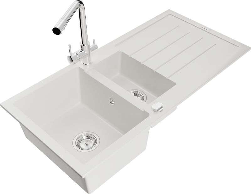 Zlewozmywak granitowy Mexen Andres 1,5-komorowy z ociekaczem i baterią kuchenną Duero biały 6515-20-671600-00