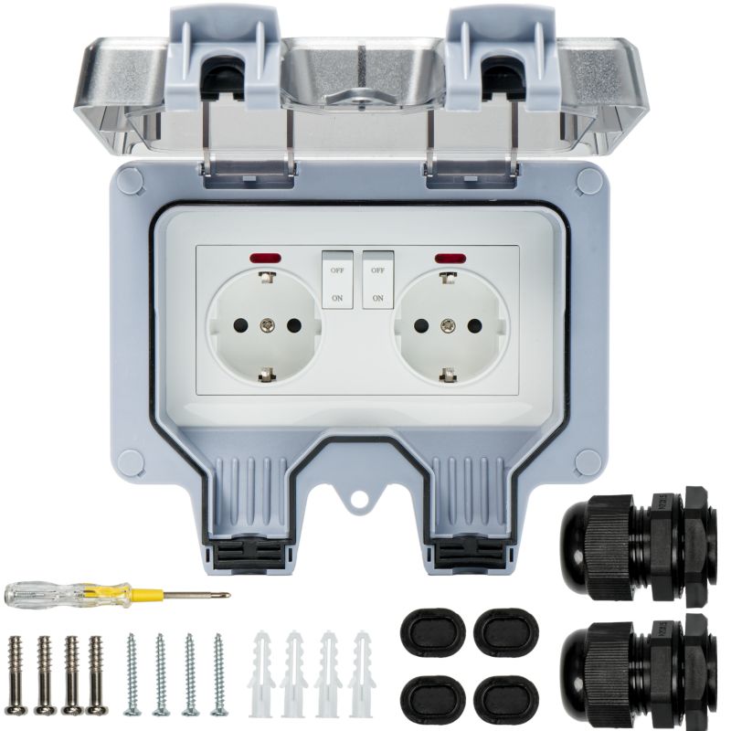 Gniazdo ogrodowe podwójne BESTEN IP66 z przełącznikami i pokrywą 1 szt