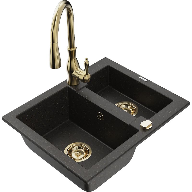 Zlewozmywak granitowy 1.5-komorowy Mexen Carlos z baterią kuchenną Savita czarny/złoty metalik 6518-75-672601-50