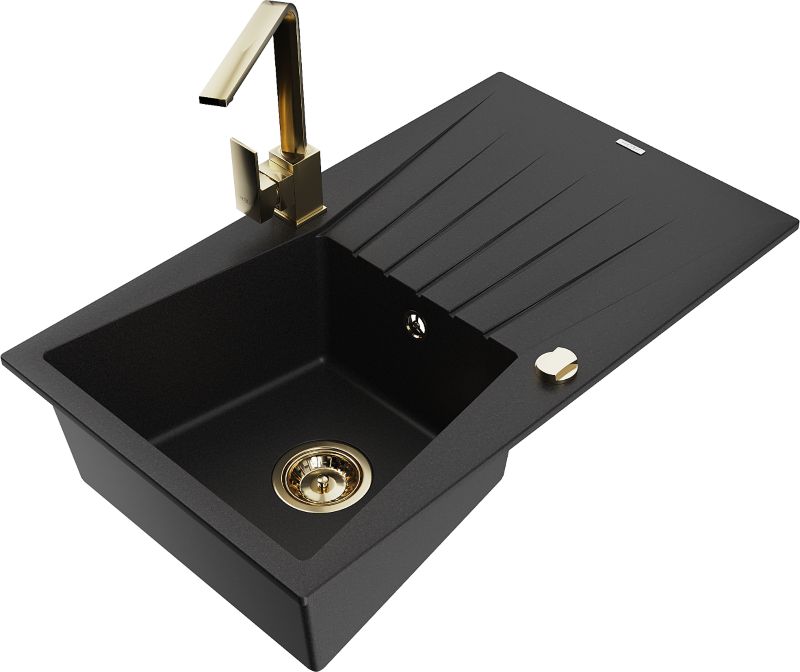 Zlewozmywak granitowy Mexen Cesar 1-komorowy z ociekaczem i baterią kuchenną Savita czarny - 6514-77-672601-50-B 1 szt.