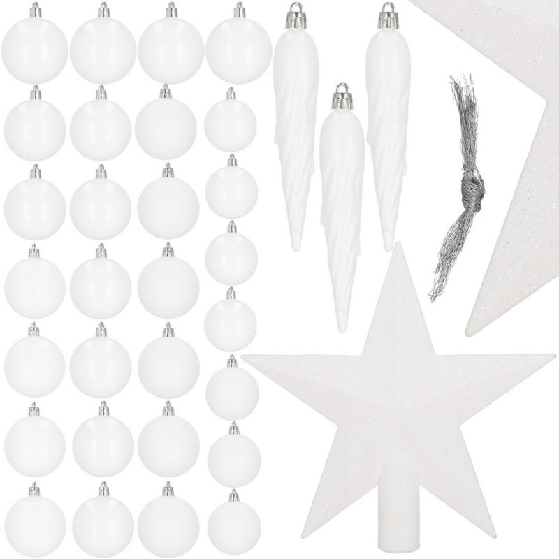 Bombki choinkowe Springos, białe zawieszki na choinkę z gwiazdą, ozdoby świąteczne 33 szt.