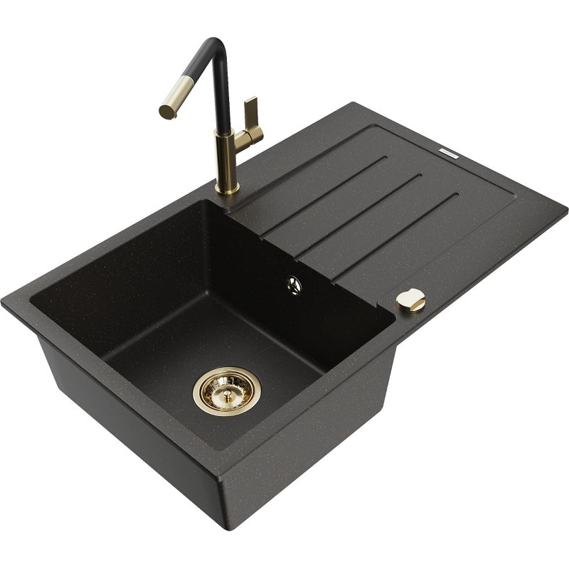 Zlewozmywak granitowy 1-komorowy Mexen Bruno z ociekaczem i baterią kuchenną Flora czarny/złoty metalik 6513-75-670401-57-G