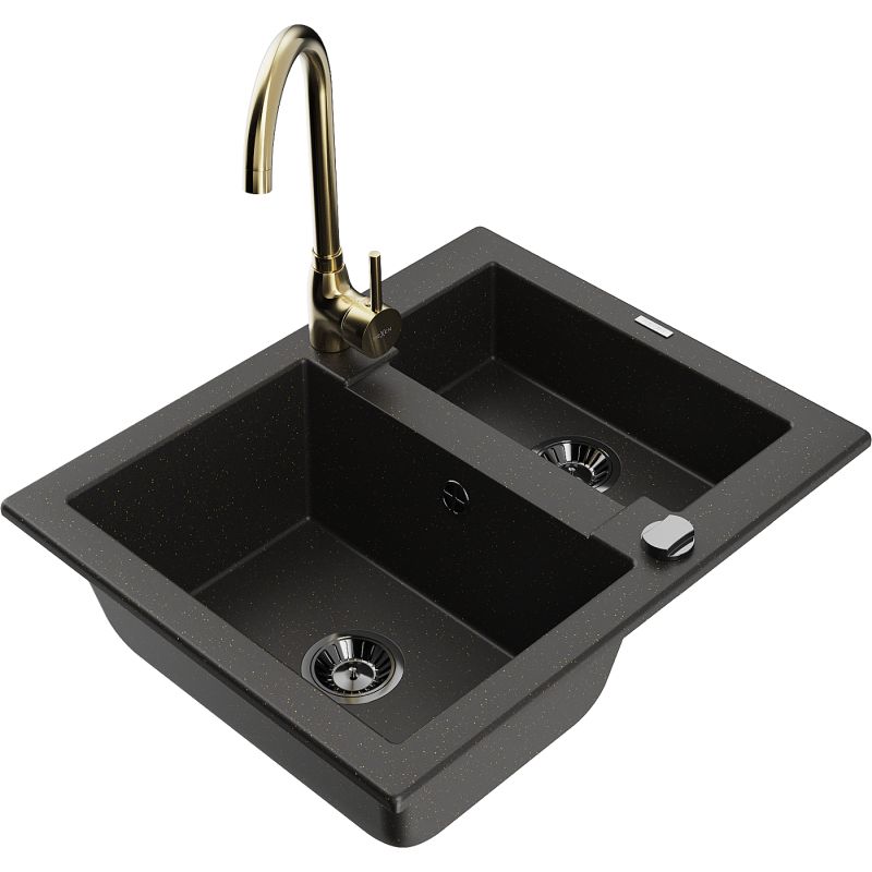Zlewozmywak granitowy 1.5-komorowy Mexen Carlos z baterią kuchenną Telma czarny/złoty metalik 6518-75-670200-50-B