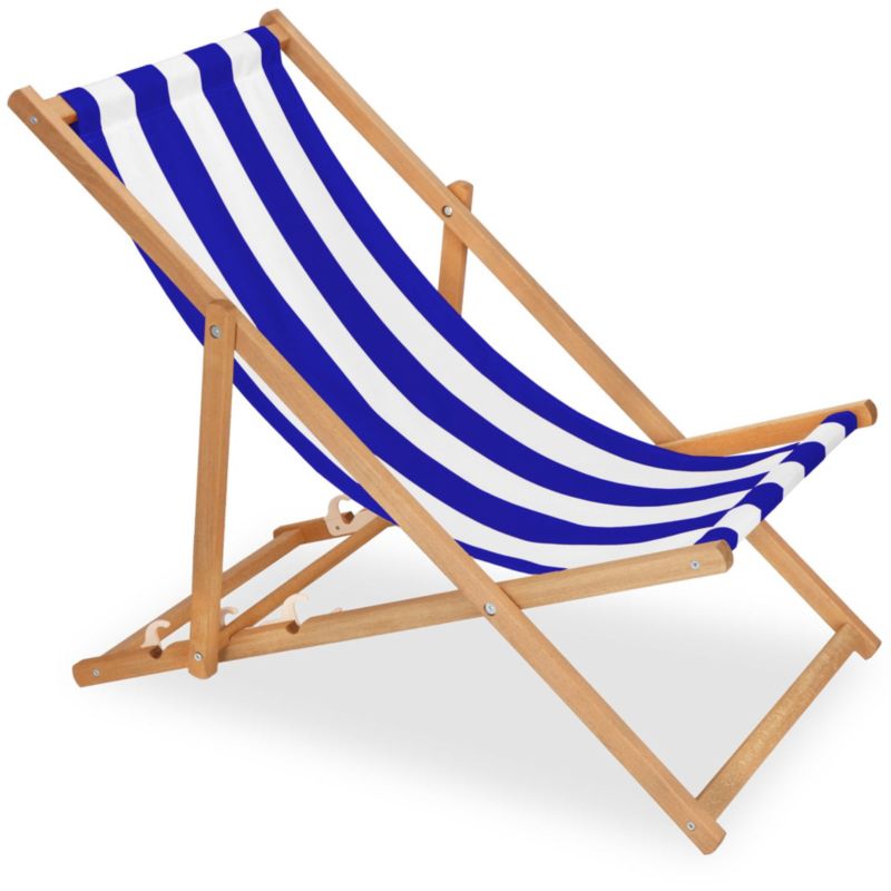 Leżak plażowy składany drewniany Springos z 3-stopniową regulacją biało-niebieskie pasy