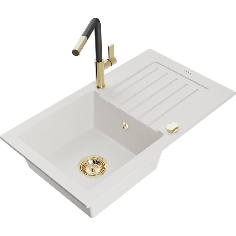 Zlewozmywak granitowy 1-komorowy Mexen Pablo z ociekaczem i baterią kuchenną Flora biały 6510-20-670401-57-G