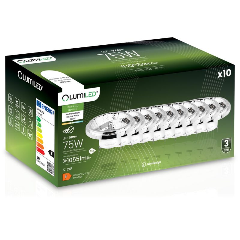Żarówka LED Lumiled G53 Reflektor AR111 10W 1055lm 4000K 24st 12V Srebrna 10 szt.