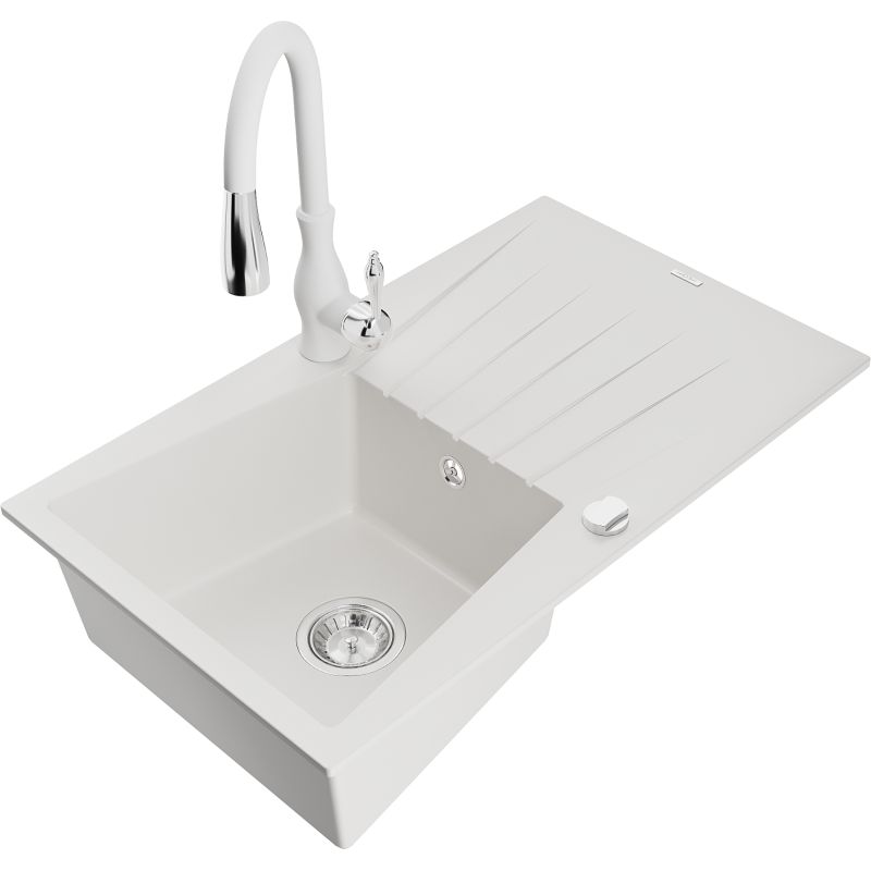 Zlewozmywak granitowy 1-komorowy Mexen Cesar z ociekaczem i baterią kuchenną Savita biały 6514-20-672601-20