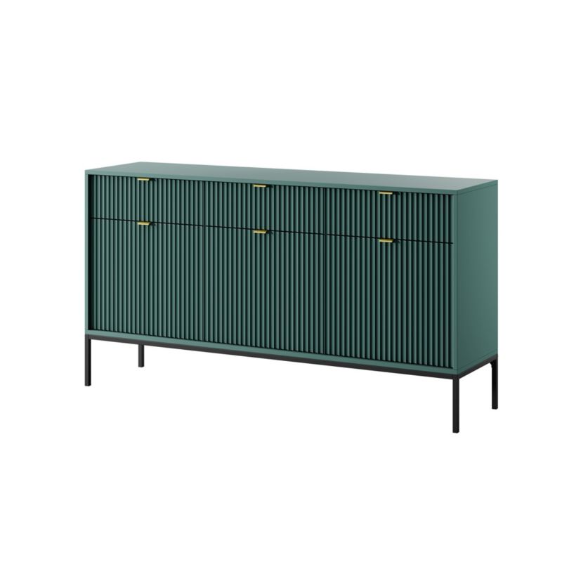 Komoda trzydrzwiowa z szufladami Bettso Nova 154 cm na czarnych nogach ze złotym uchwytem zielony 1szt.