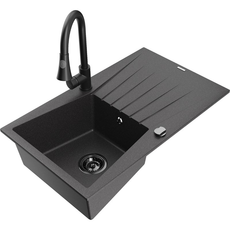 Zlewozmywak granitowy 1-komorowy Mexen Cesar z ociekaczem i baterią kuchenną Elia czarny nakrapiany 6514-76-670101-70-B