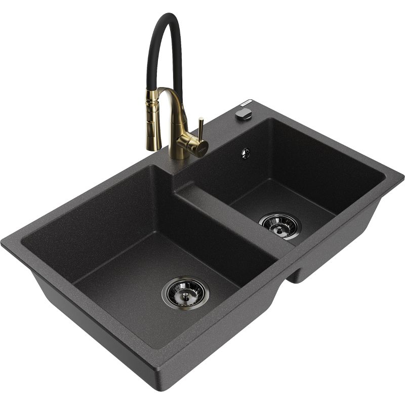 Zlewozmywak granitowy 2-komorowy Mexen Tomas z baterią kuchenną Aster czarny nakrapiany 6516-76-73450-57-B