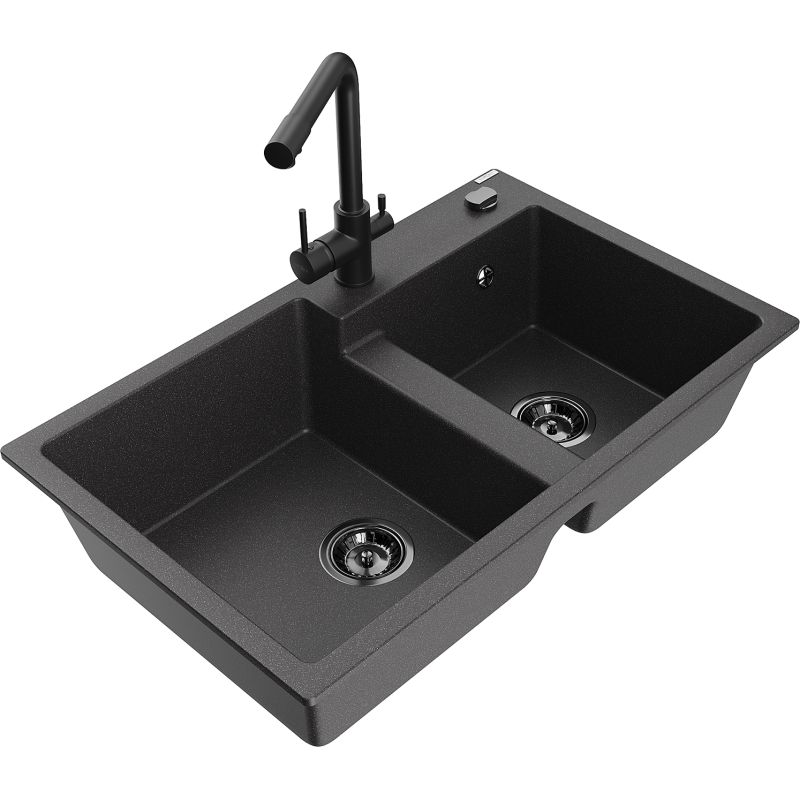 Zlewozmywak granitowy 2-komorowy Mexen Tomas z baterią kuchenną Duero czarny nakrapiany 6516-76-671600-70-B