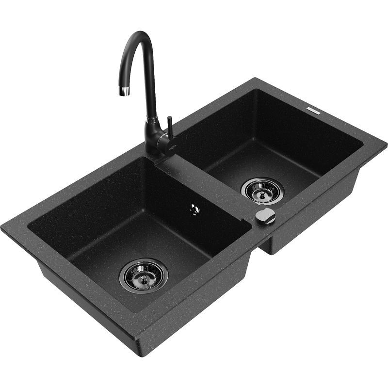Zlewozmywak granitowy 2-komorowy Mexen Mario z baterią kuchenną Telma czarny/srebrny 6504-73-670200-70-B