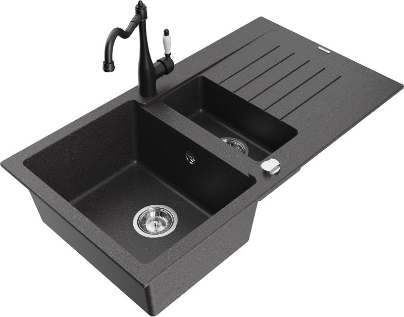 Zlewozmywak granitowy Mexen Matias 1,5-komorowy z ociekaczem i baterią kuchenną Carla czarny 6502-76-670700-70