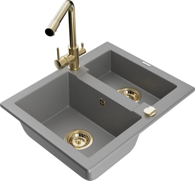 Zlewozmywak granitowy Mexen Carlos 1,5-komorowy z baterią kuchenną Duero szary 6518-71-671600-50
